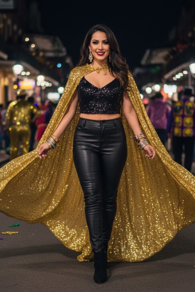7. Glitter Cape with Sequin Top and Leather Pants