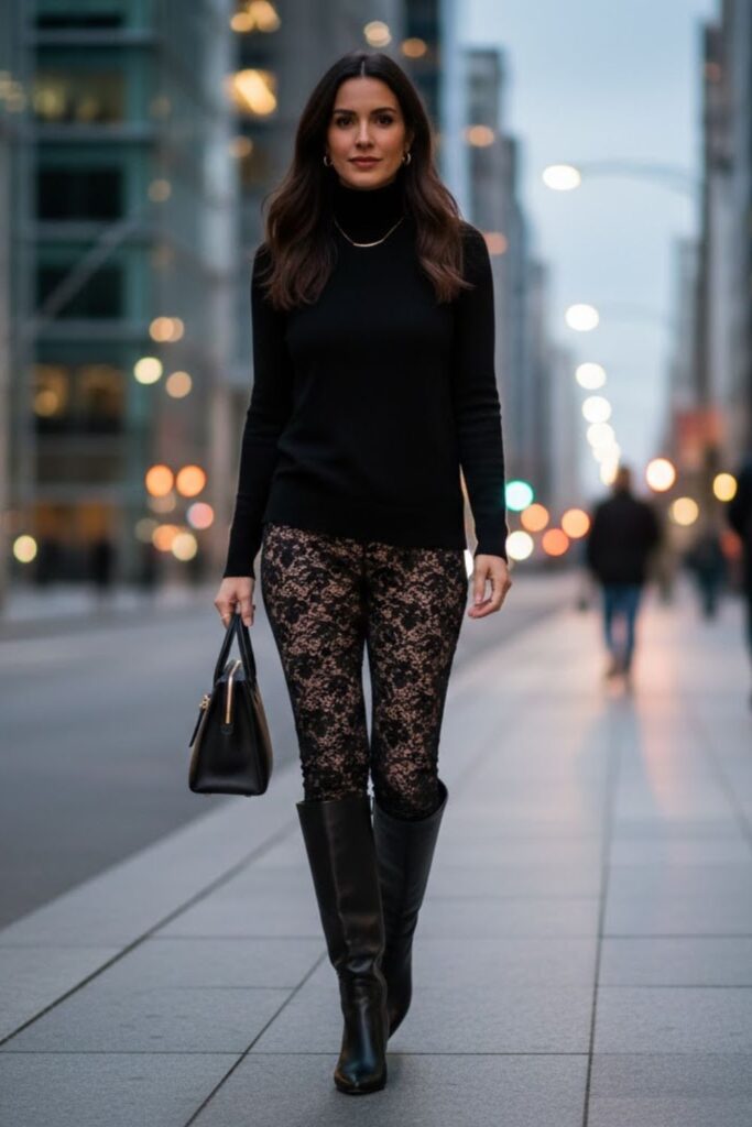 7. Lace Leggings with Turtleneck and Knee‑High Boots