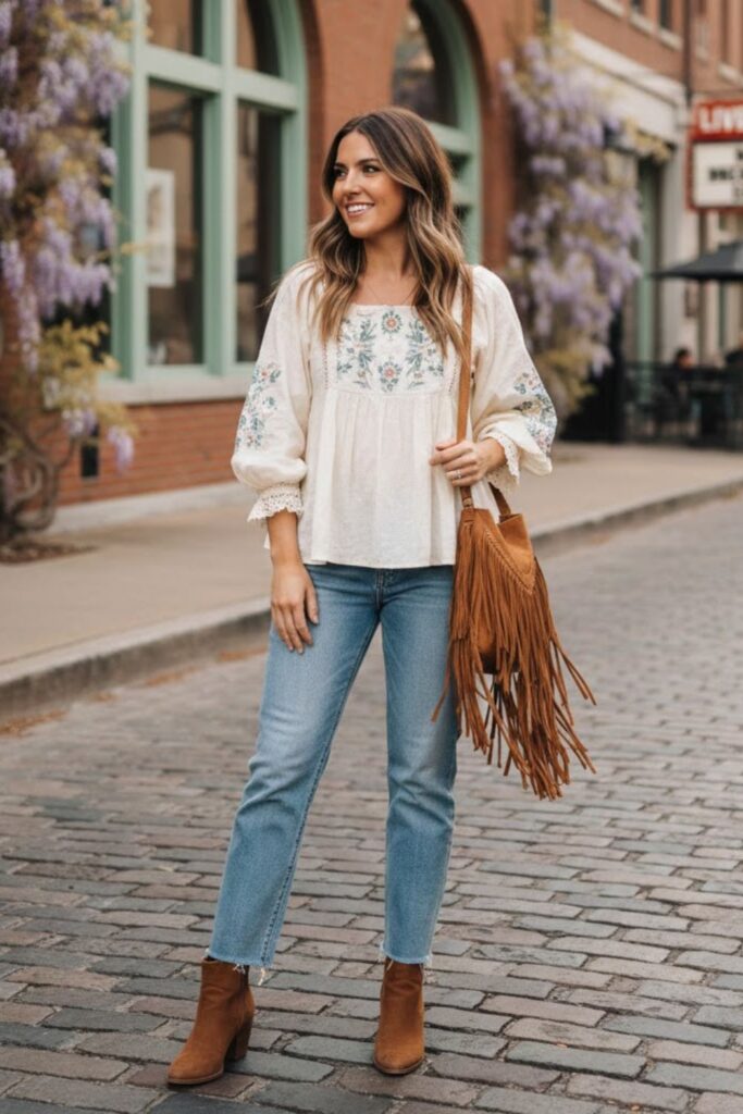 7. Peasant blouse with straight-leg jeans