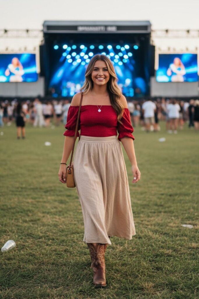 7. Red Off-Shoulder Top with Midi Skirt