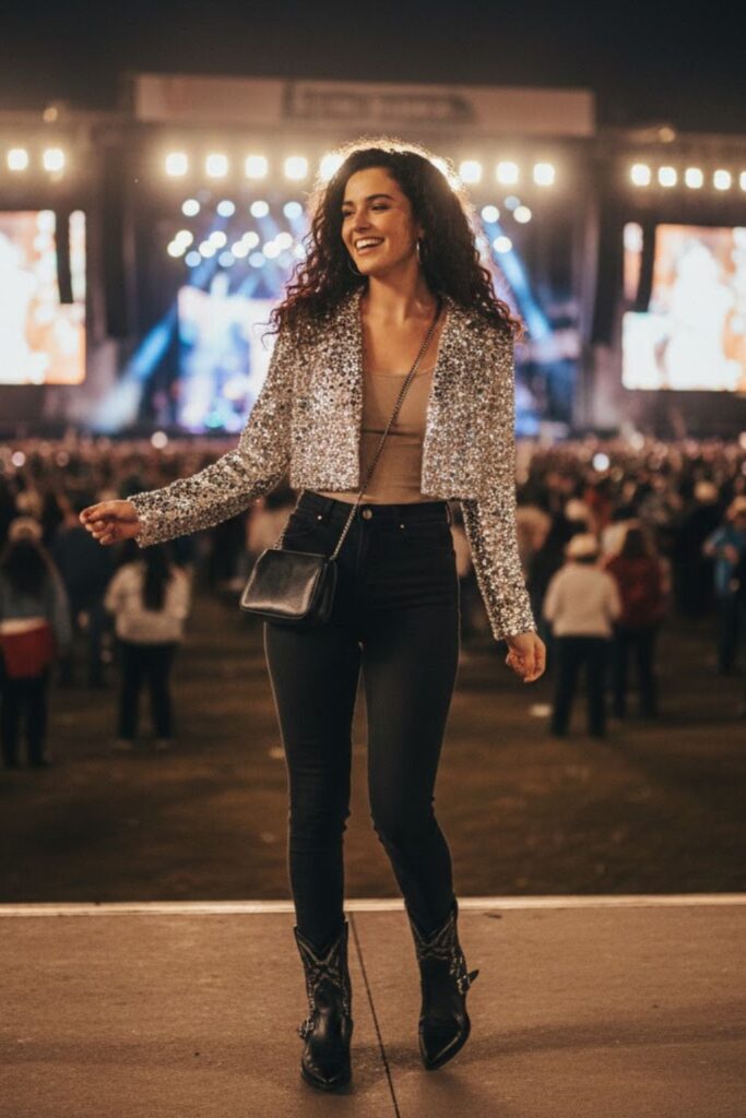 7. Rhinestone Crop Jacket with Black Jeans