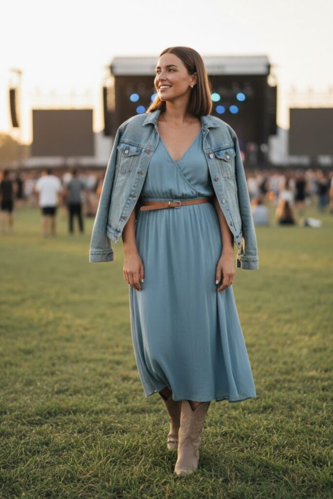 7. Soft Blue Midi Dress with Denim Jacket
