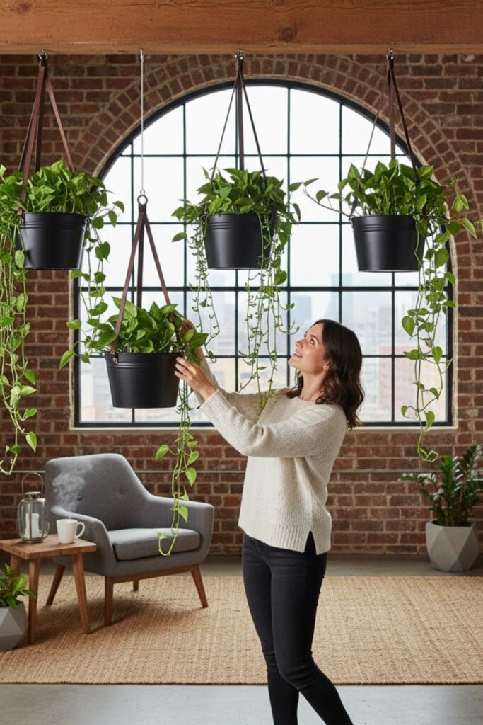 7. Steel Hanging Planters with Leather Straps