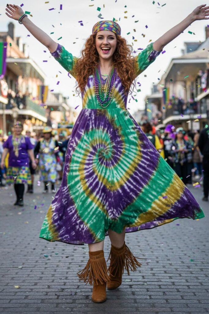 7. Tie‑Dye Dress with Fringe Boots and Layered Beads