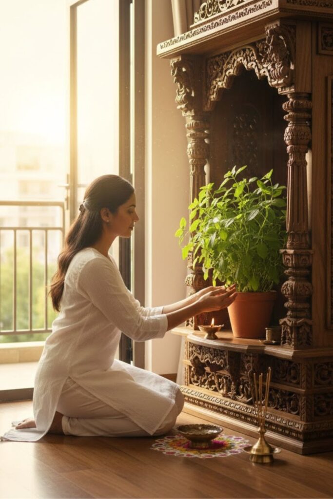 7. Tulsi in a Carved Wooden Temple Unit