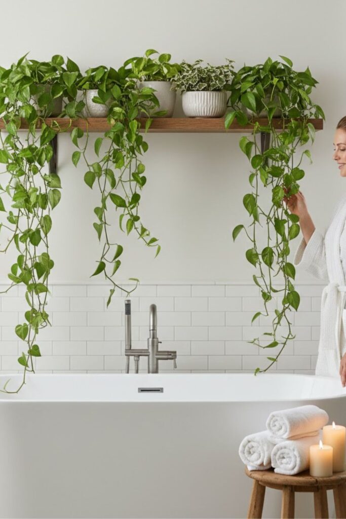8. Bathroom Shelf with Cascading Plants