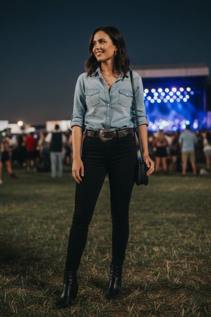 8. Blue Chambray Shirt with Black Jeans