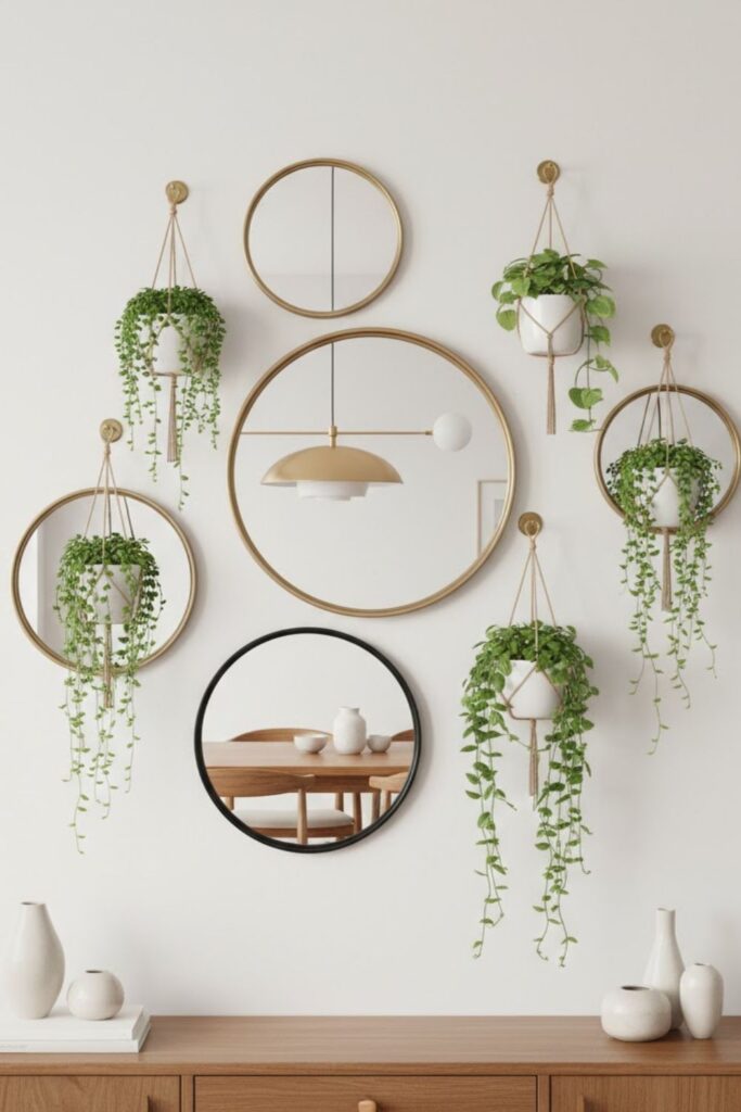 8. Circular Mirror Cluster with Hanging Planters