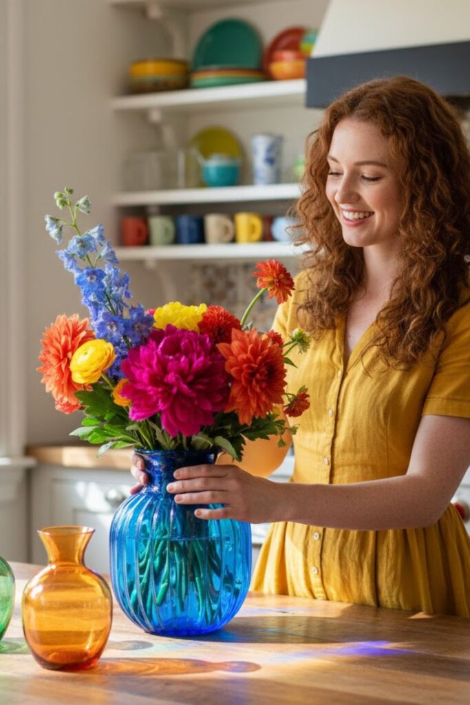 8. Colored Glass Vase with Mixed Bouquets