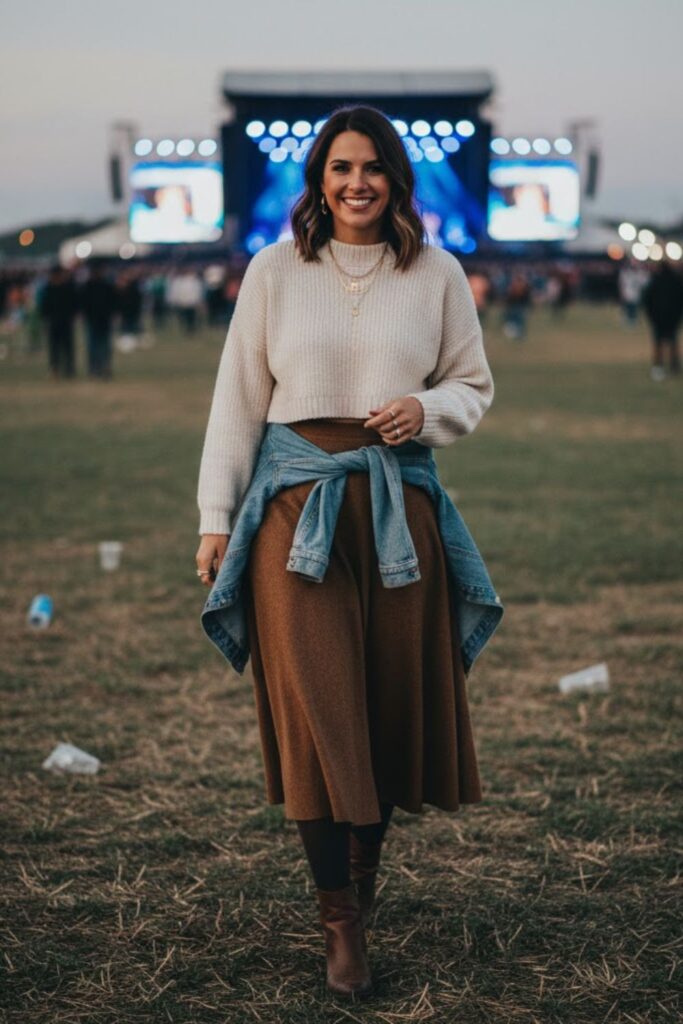 8. Cropped Sweater with Midi Skirt and Tights