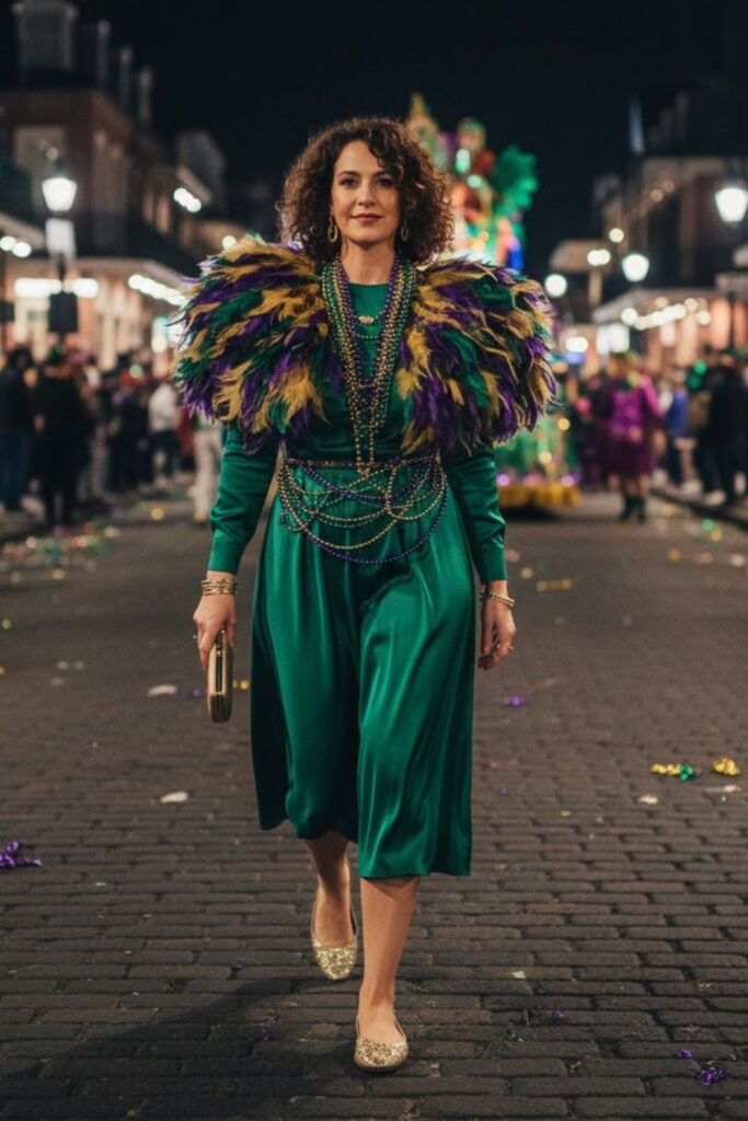 8. Feathered Shoulder Shrug with Satin Dress and Metallic Flats