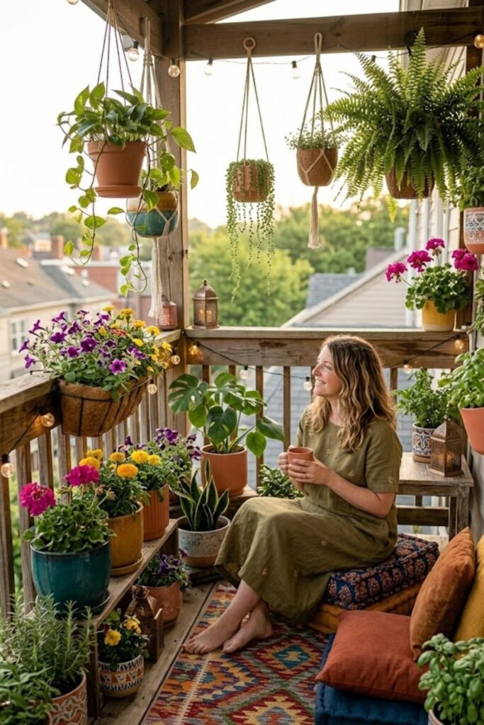 8. Layered Balcony Garden with Colorful Planters