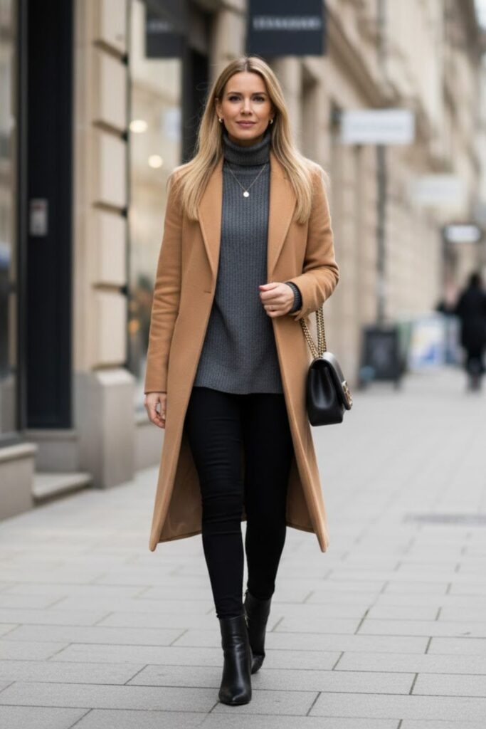 8. Leggings with Longline Coat and Heeled Boots