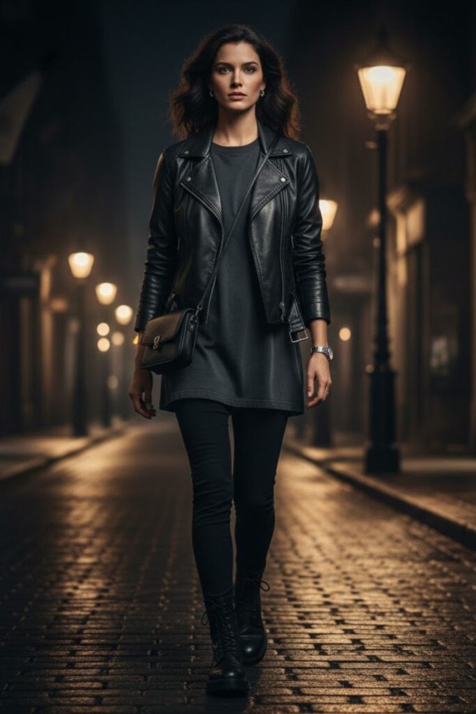 8. Leggings with Oversized T‑Shirt and Leather Jacket