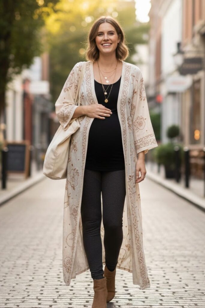 8. Maternity Leggings with Maxi Cardigan