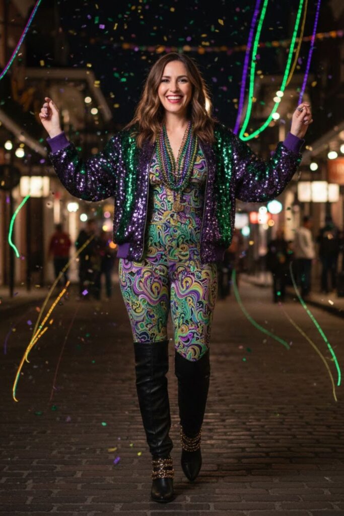 8. Sequin Bomber Jacket with Printed Jumpsuit and Boots