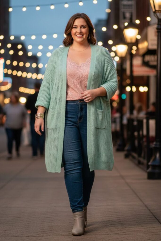 8. Soft Knit Cardigan over a Lace Cami and Skinny Jeans