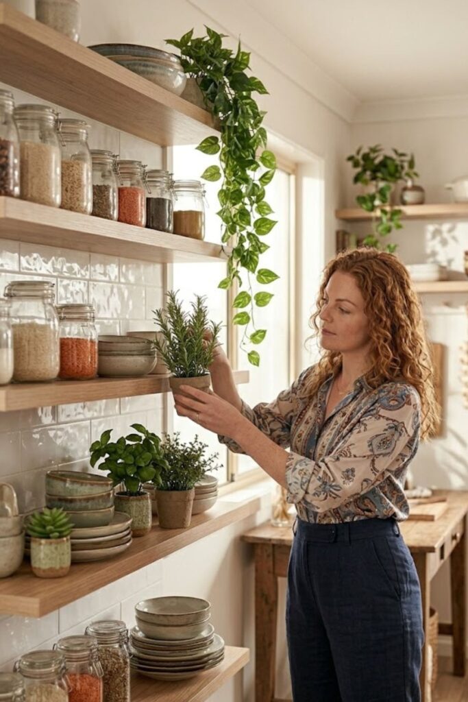8. Style Open Kitchen Shelving with Green Touches