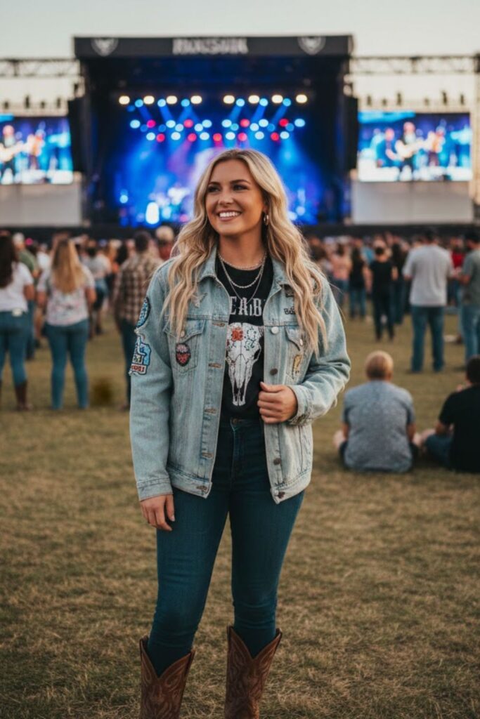 9. Denim Jacket With Graphic Tee and Jeggings