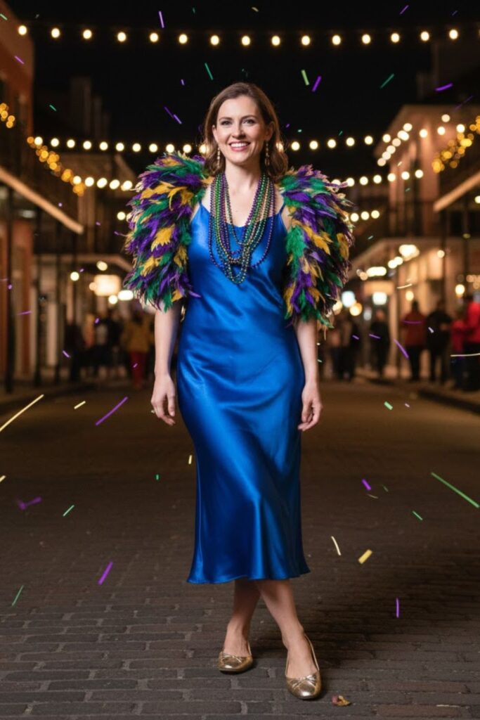 9. Feathered Shoulder Shrug with Satin Dress and Metallic Flats
