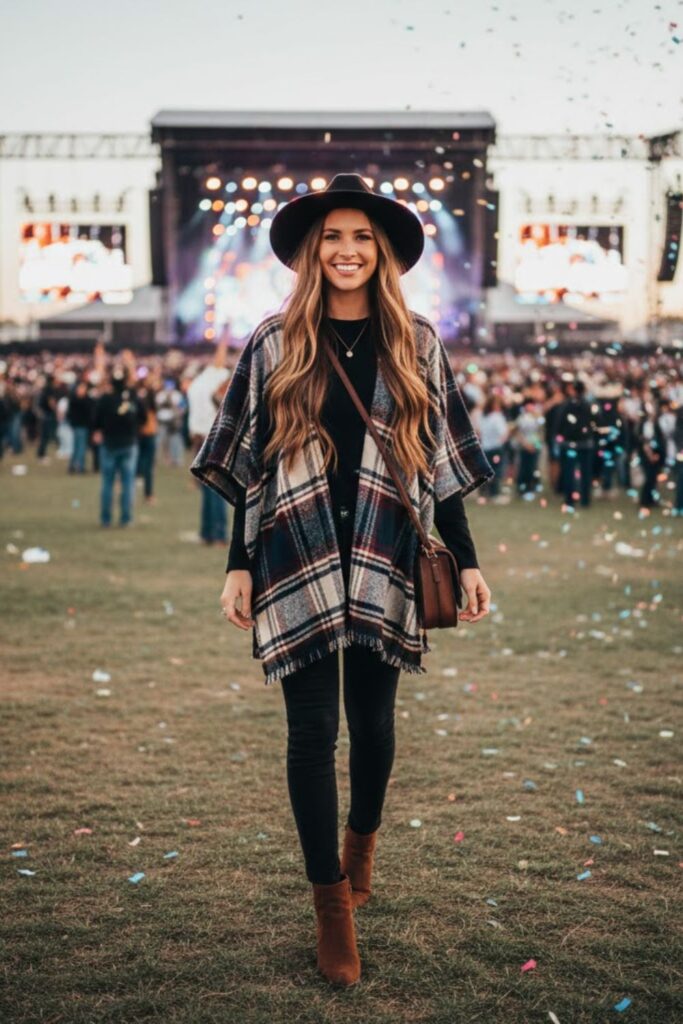 9. Flannel Poncho with Skinny Jeans