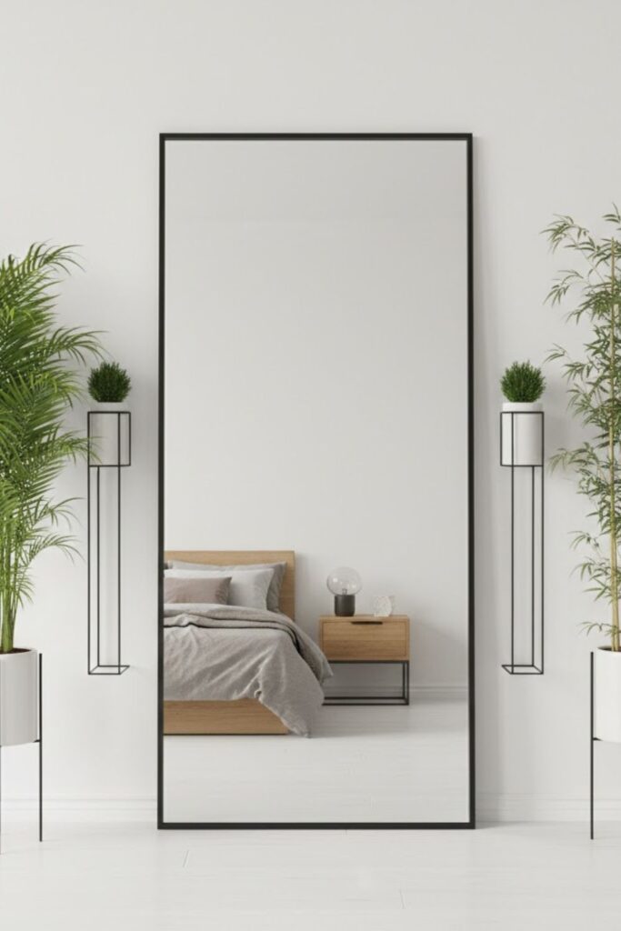 9. Floor Mirror with Tall Wall Plants
