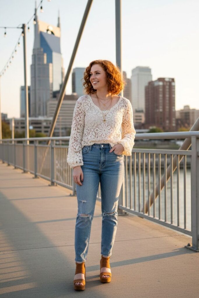 9. Lace top with light-wash jeans