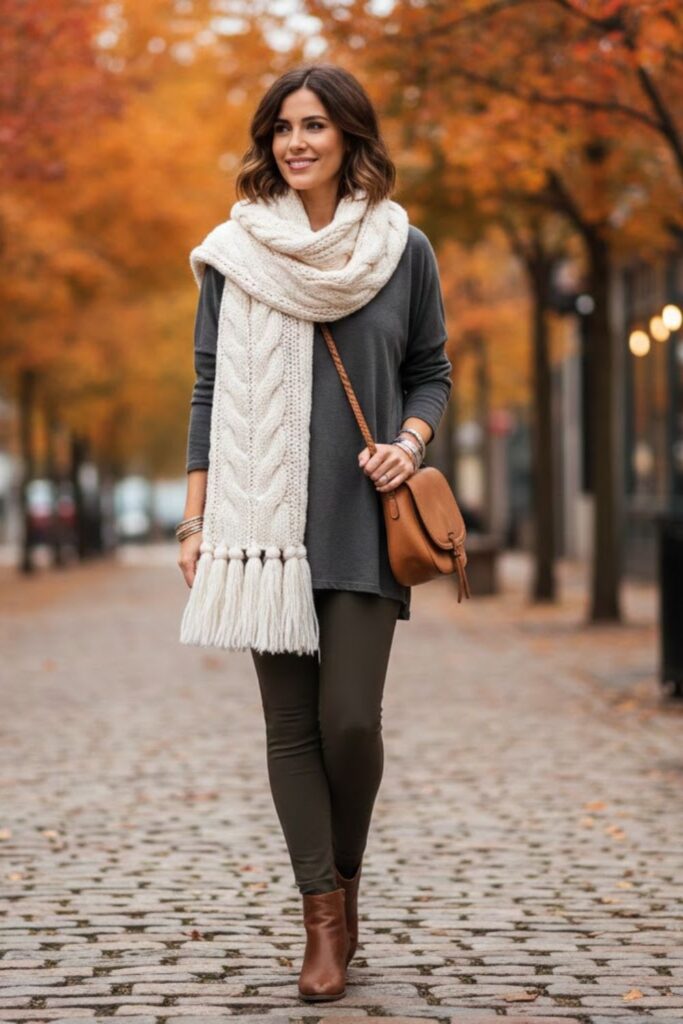 9. Leggings with Oversized T‑Shirt and Scarf Layer