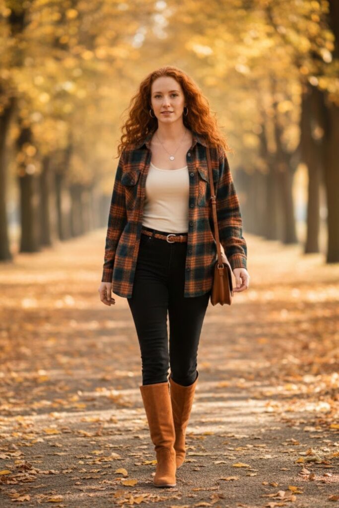 9. Leggings with Plaid Shirt and Suede Boots