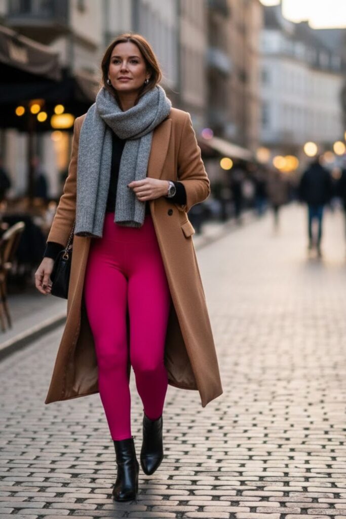 9. Pink Leggings with Long Coat and Boots