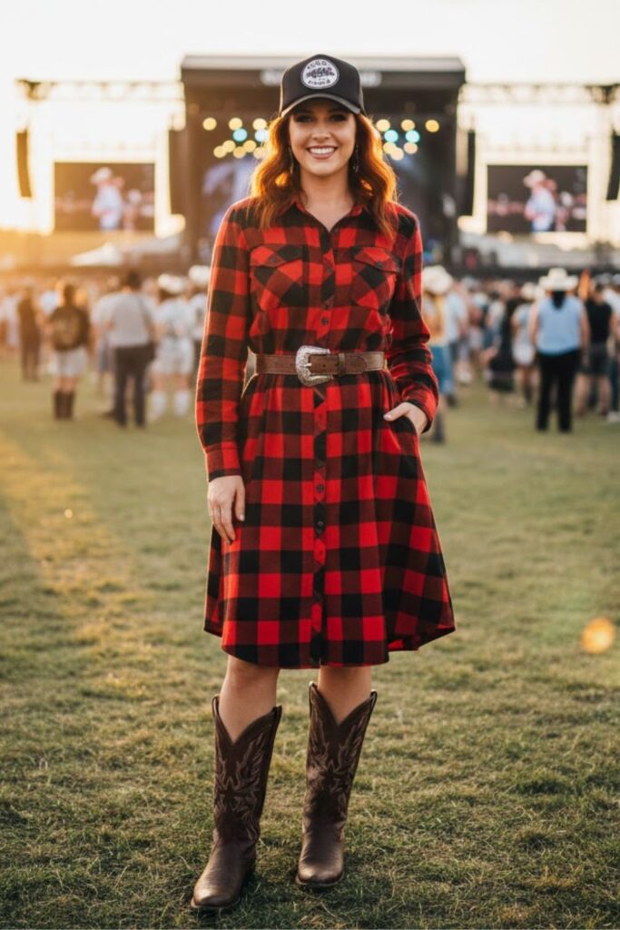9. Plaid Shirt Dress and Cowboy Boots