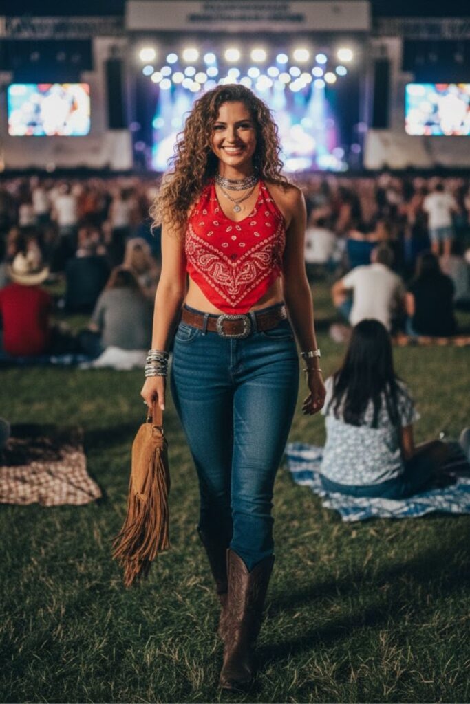 9. Red Bandana Top and High-Waisted Jeans