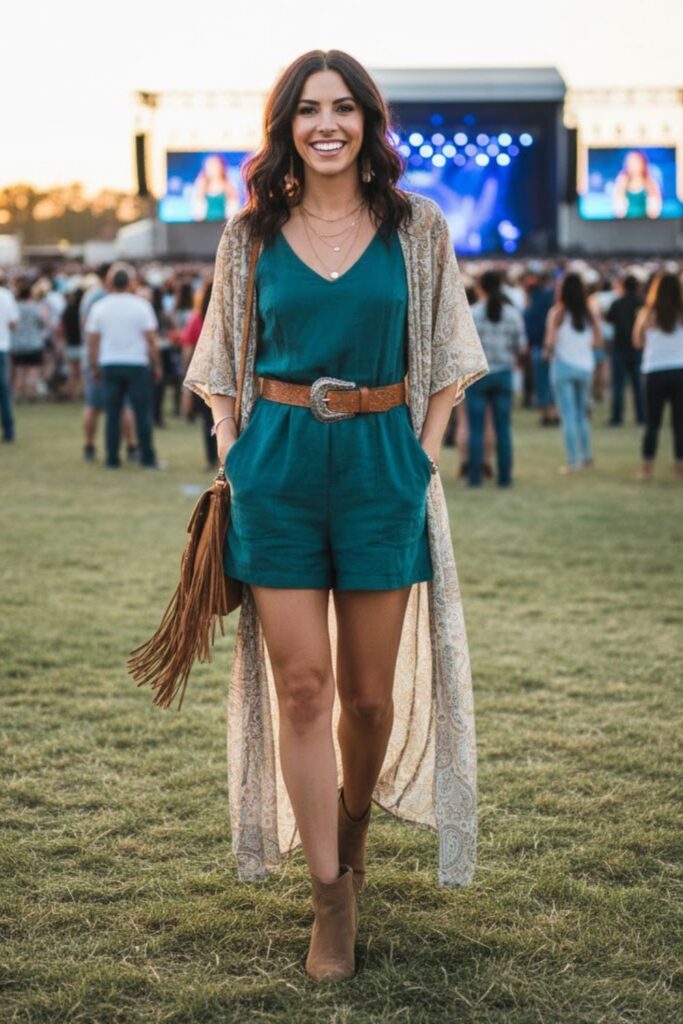 9. Romper with Sheer Kimono and Flats