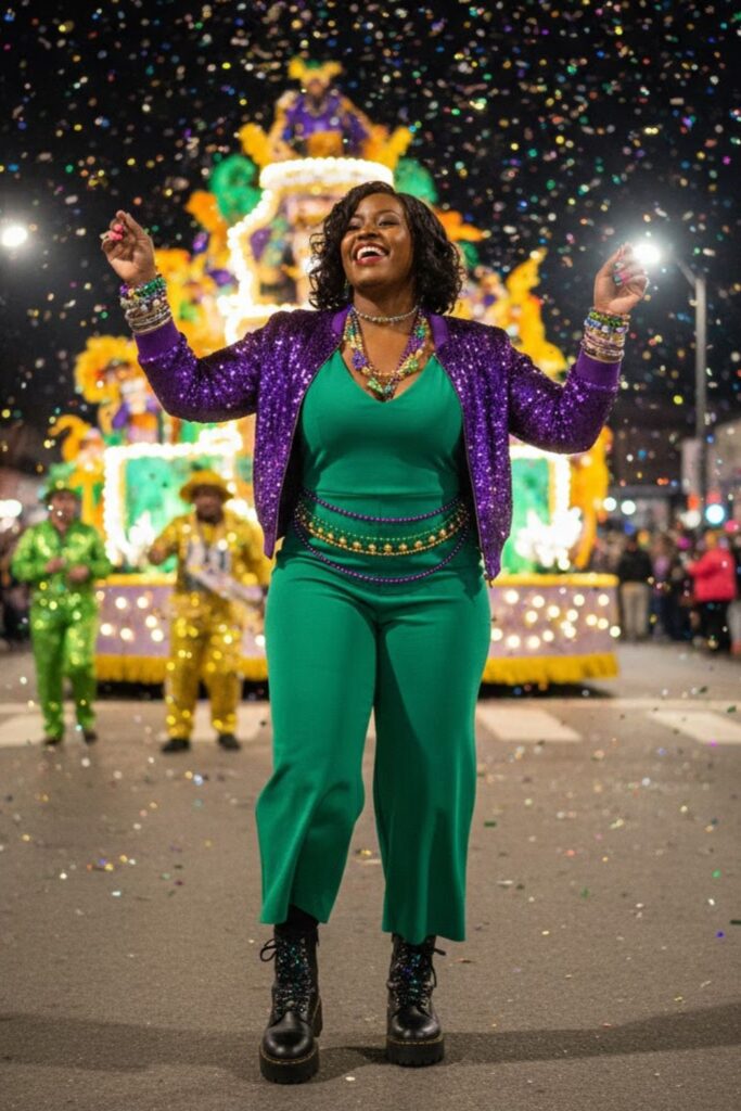 9. Sequin Bomber Jacket with Jumpsuit and Beaded Layers