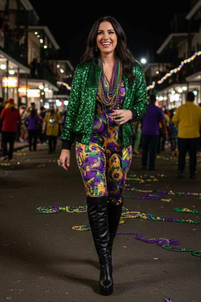 9. Sequin Bomber Jacket with Printed Jumpsuit and Boots