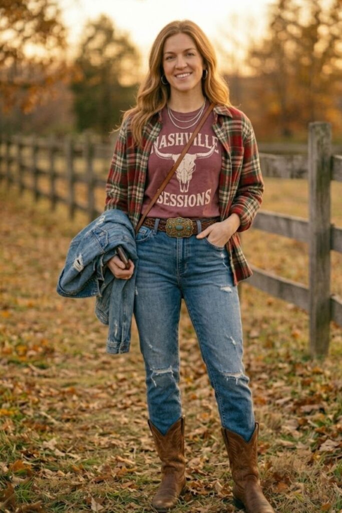 1. Classic Denim and Cowboy Boots Look