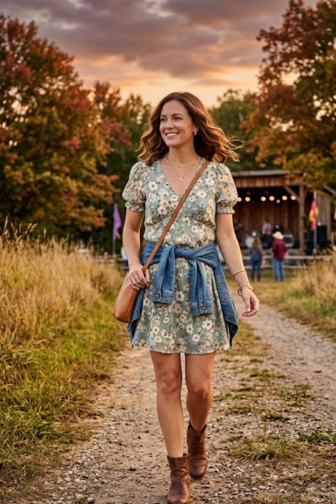 1. Floral Mini Dress and Brown Ankle Boots