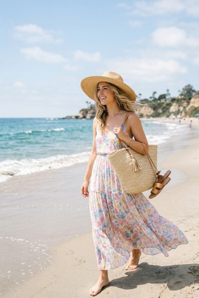 1. Flowing Maxi Dress with Straw Hat