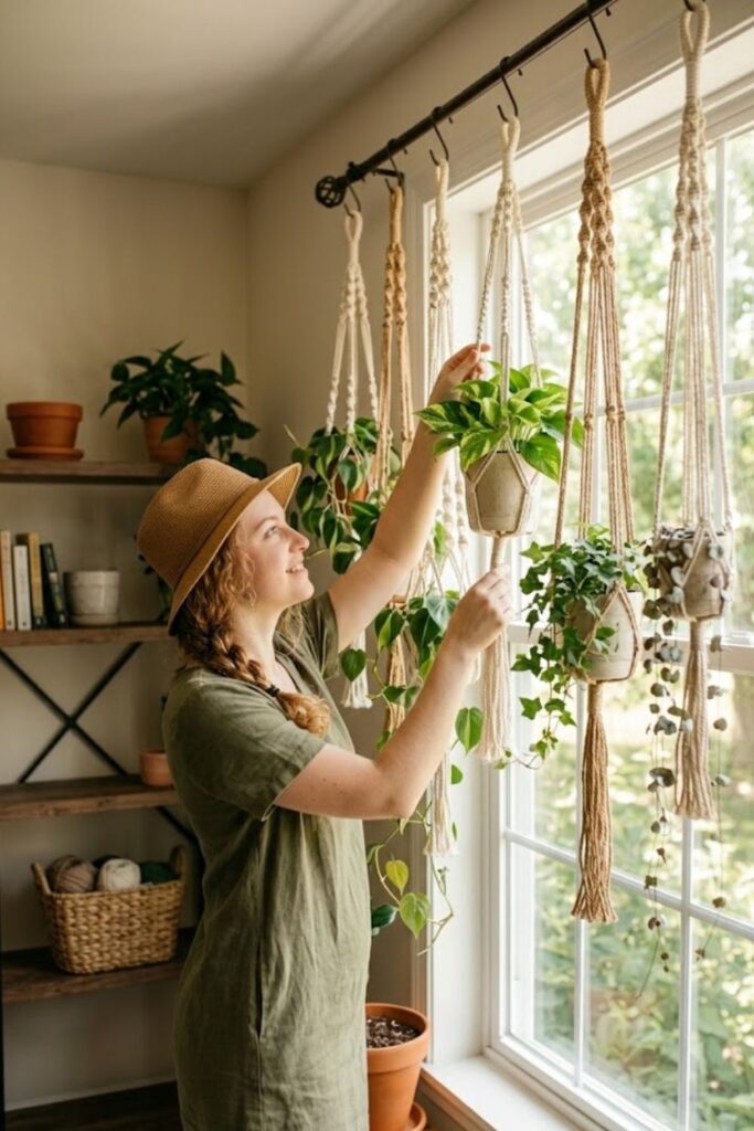 1. Macramé Plant Hangers Near Windows