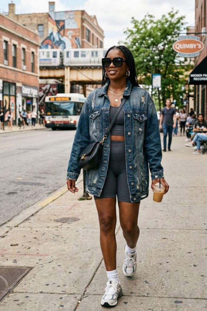 1. Oversized Denim Jacket with Biker Shorts
