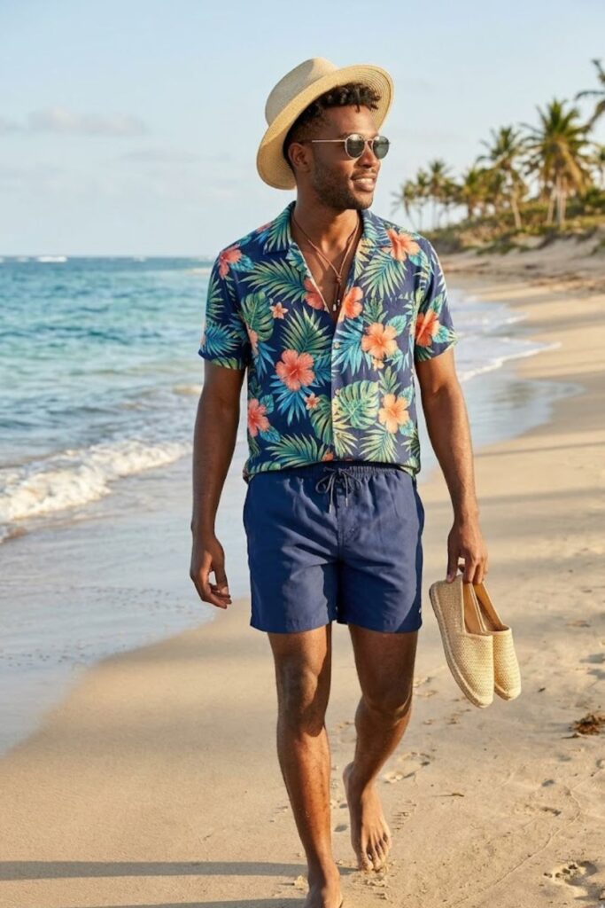 1. Printed Short-Sleeve Shirt with Swim Trunks