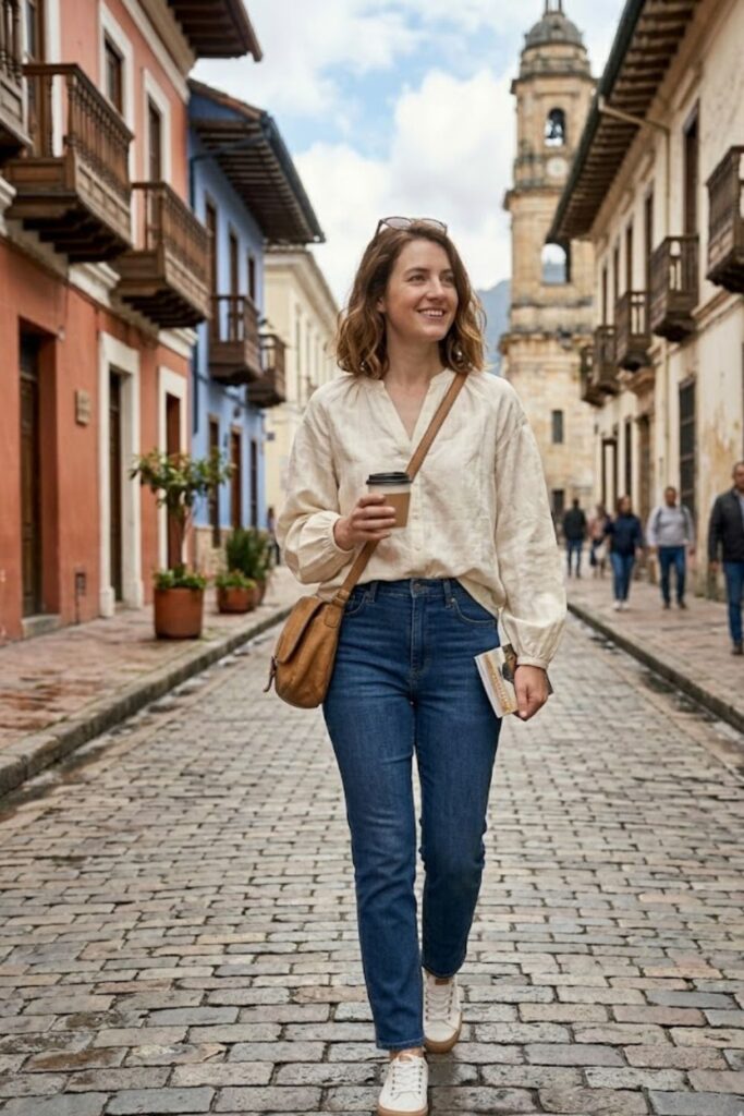 10. Blouse with High-Waisted Jeans