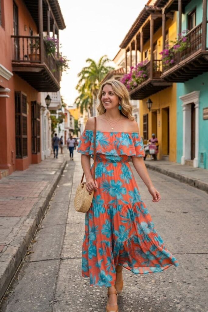 10. Off-Shoulder Dress with Sandals