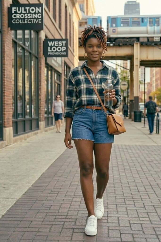 10. Plaid Shirt with Denim Shorts