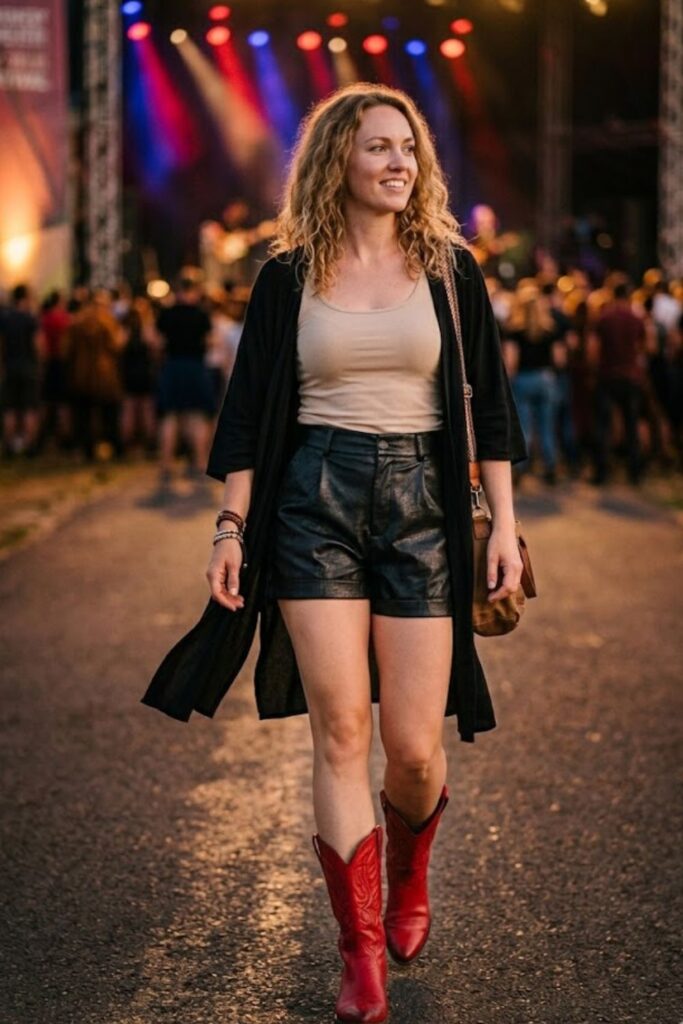 10. Red Boots with Leather Shorts and a Tank