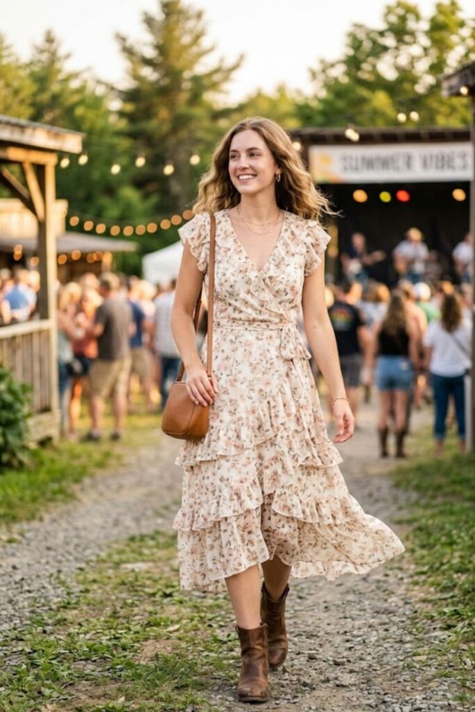 10. Ruffled Midi Dress and Ankle Boots