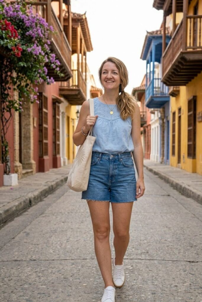 10. Sleeveless Blouse with Denim Shorts