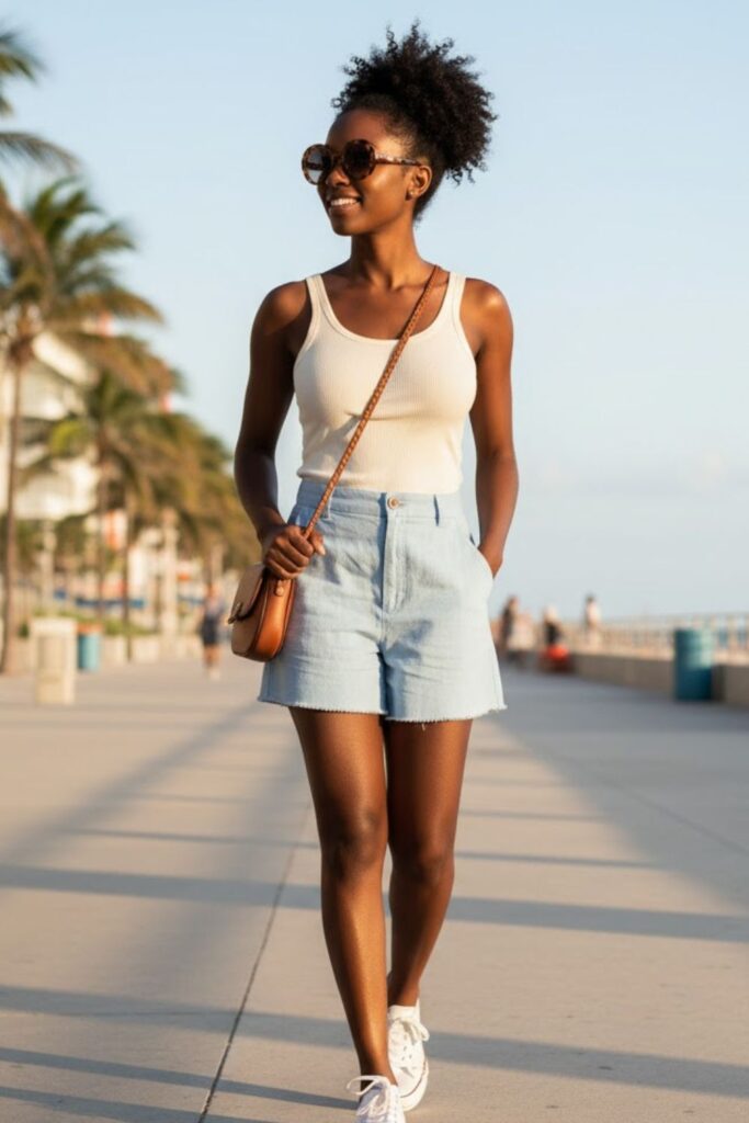 10. Tank Top with High-Waist Shorts