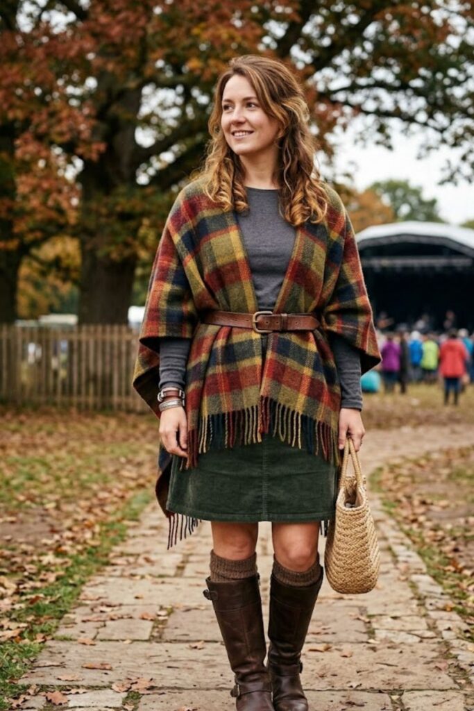 11. Plaid Poncho with Skirt