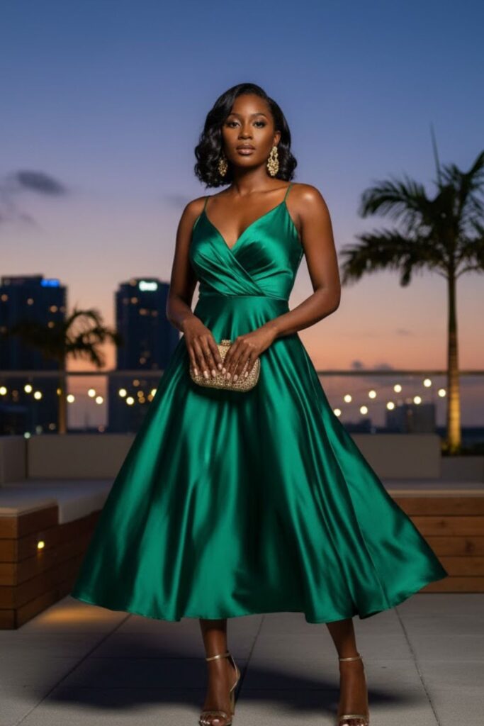 11. Satin Dress with Strappy Heels